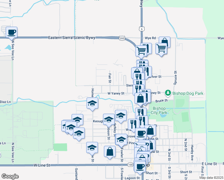 map of restaurants, bars, coffee shops, grocery stores, and more near 895 Coats Street in Bishop