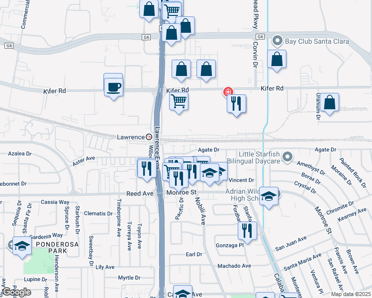 map of restaurants, bars, coffee shops, grocery stores, and more near 3508 Agate Drive in Santa Clara