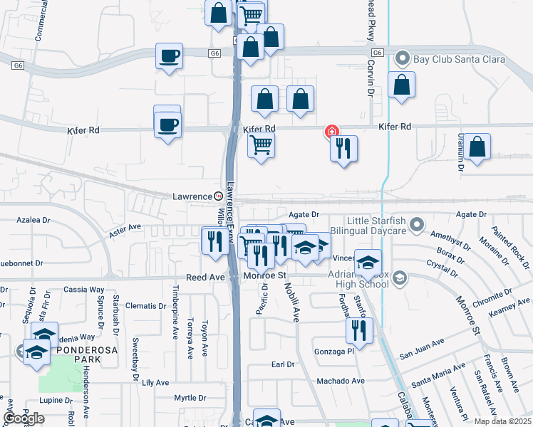 map of restaurants, bars, coffee shops, grocery stores, and more near 3508 Agate Drive in Santa Clara