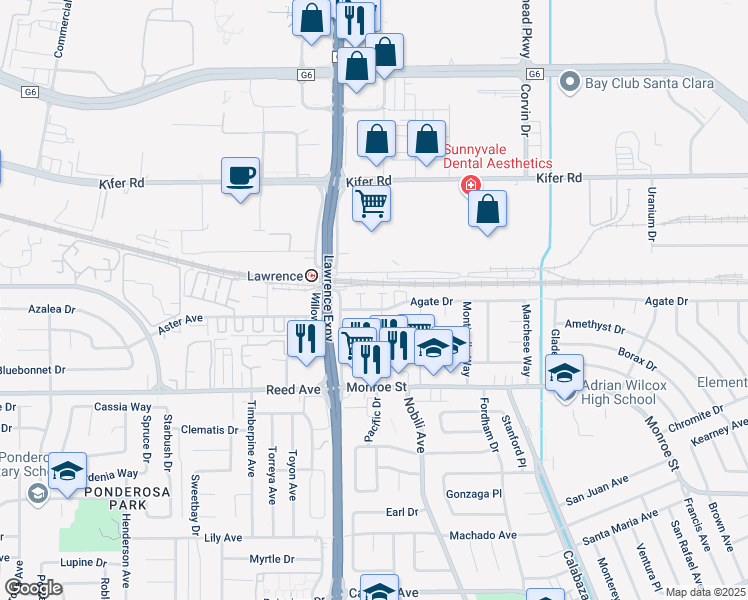 map of restaurants, bars, coffee shops, grocery stores, and more near 3568 Agate Drive in Santa Clara