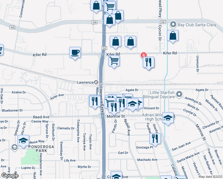 map of restaurants, bars, coffee shops, grocery stores, and more near 3568 Agate Drive in Santa Clara