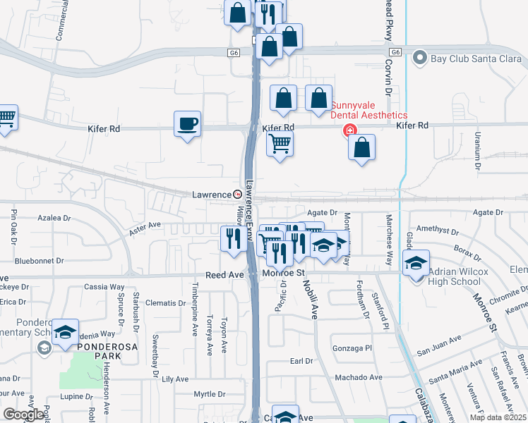 map of restaurants, bars, coffee shops, grocery stores, and more near 3568 Agate Drive in Santa Clara