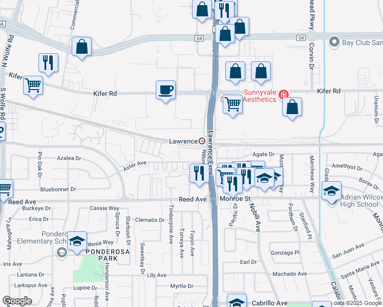 map of restaurants, bars, coffee shops, grocery stores, and more near 1176 Aster Avenue in Sunnyvale