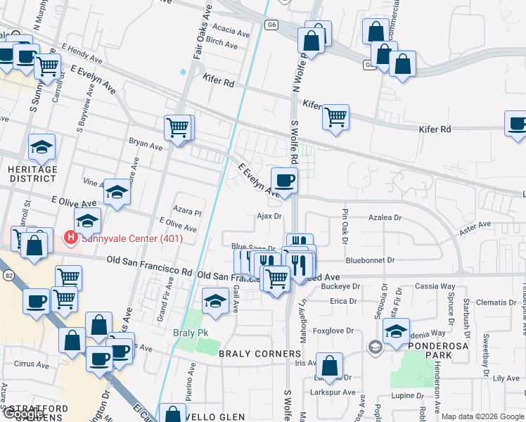 map of restaurants, bars, coffee shops, grocery stores, and more near 422 Joshua Way in Sunnyvale