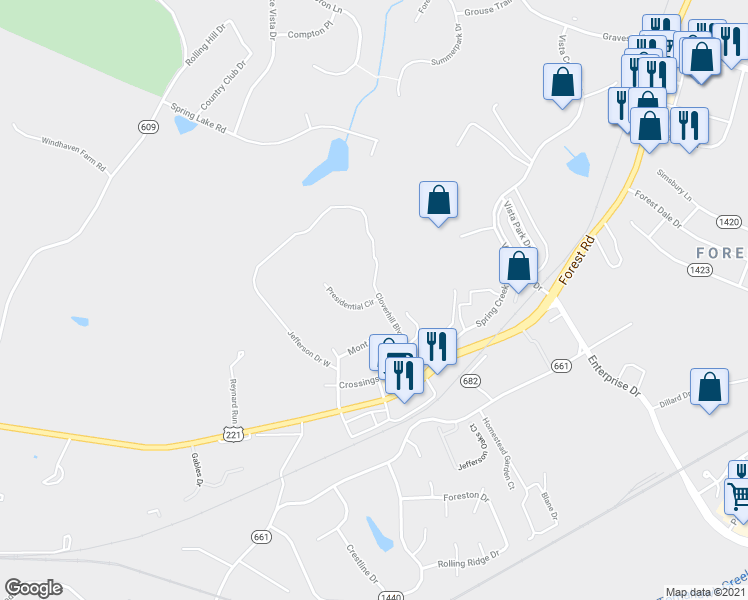 map of restaurants, bars, coffee shops, grocery stores, and more near 1025 Presidential Circle in Forest