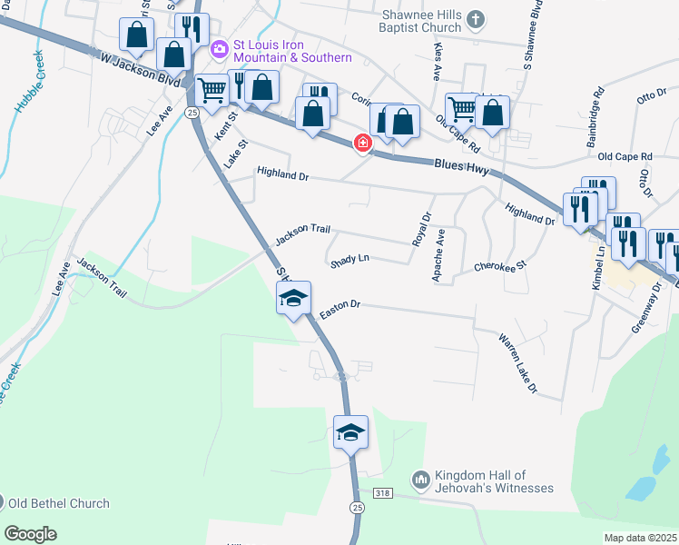 map of restaurants, bars, coffee shops, grocery stores, and more near 975R Shady Lane in Jackson