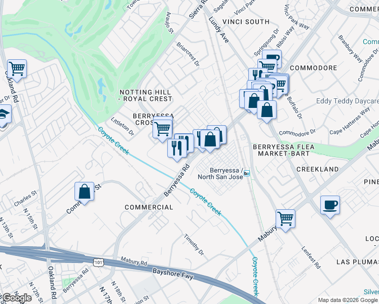 map of restaurants, bars, coffee shops, grocery stores, and more near 1501 Berryessa Road in San Jose