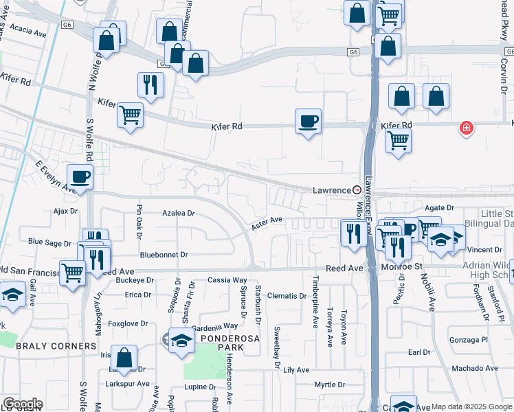 map of restaurants, bars, coffee shops, grocery stores, and more near 1035 Aster Avenue in Sunnyvale