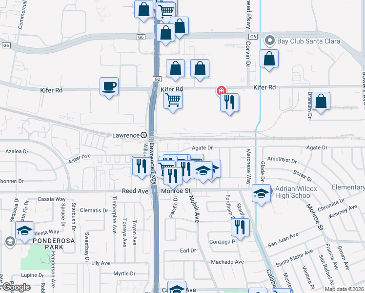 map of restaurants, bars, coffee shops, grocery stores, and more near 3508 Agate Drive in Santa Clara