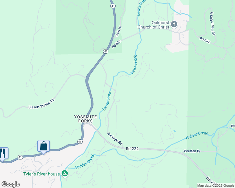 map of restaurants, bars, coffee shops, grocery stores, and more near 42638 Shady Lane in Oakhurst