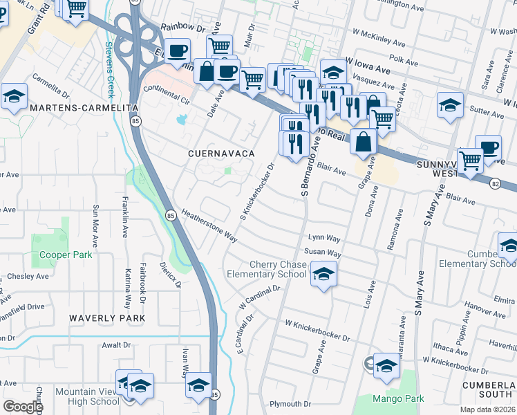 map of restaurants, bars, coffee shops, grocery stores, and more near 1288 Parkington Avenue in Sunnyvale
