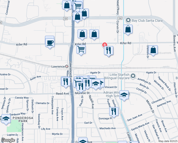 map of restaurants, bars, coffee shops, grocery stores, and more near 3508 Agate Drive in Santa Clara