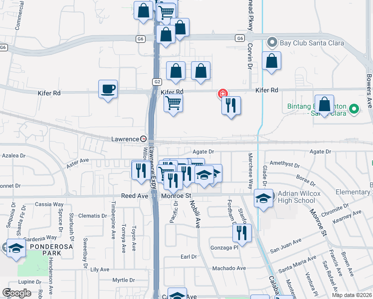 map of restaurants, bars, coffee shops, grocery stores, and more near 3508 Agate Drive in Santa Clara