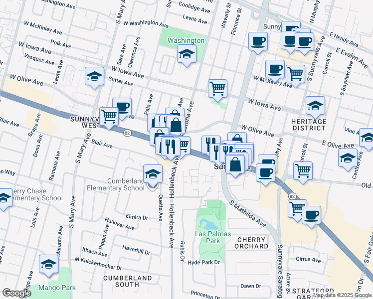 map of restaurants, bars, coffee shops, grocery stores, and more near 680 California 82 in Sunnyvale