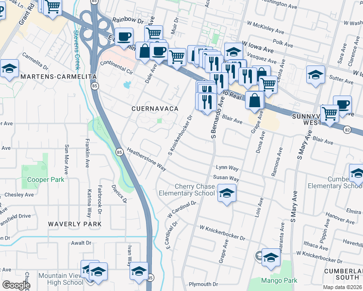 map of restaurants, bars, coffee shops, grocery stores, and more near 1288 Parkington Avenue in Sunnyvale