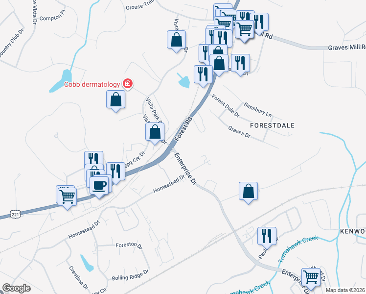 map of restaurants, bars, coffee shops, grocery stores, and more near 17421 Forest Road in Forest