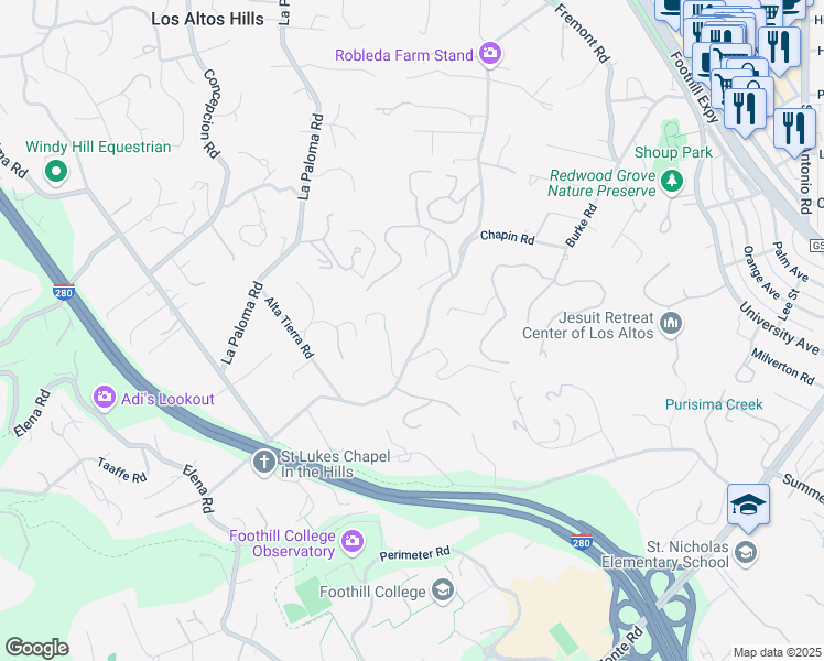 map of restaurants, bars, coffee shops, grocery stores, and more near 12920 Atherton Court in Los Altos Hills