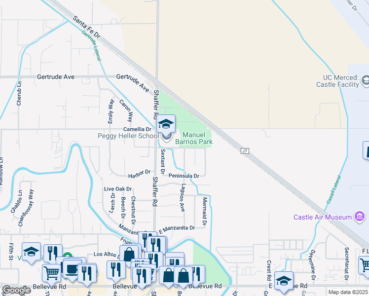 map of restaurants, bars, coffee shops, grocery stores, and more near 201 Lake View Drive in Atwater