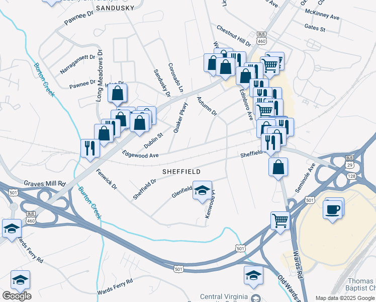 map of restaurants, bars, coffee shops, grocery stores, and more near 5900 Edgewood Avenue in Lynchburg