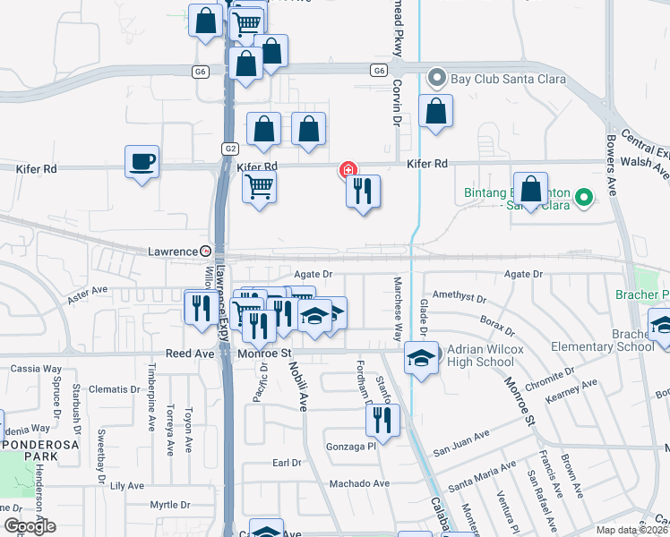 map of restaurants, bars, coffee shops, grocery stores, and more near 3408 Agate Drive in Santa Clara