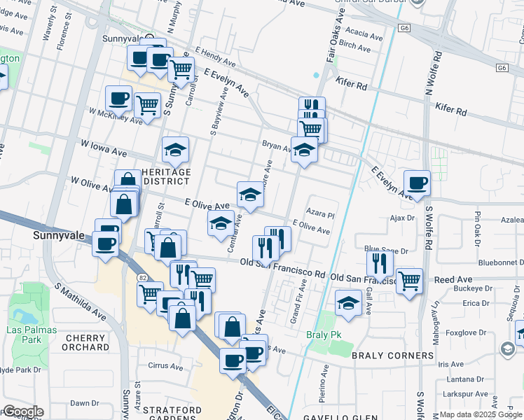 map of restaurants, bars, coffee shops, grocery stores, and more near 545 East Olive Avenue in Sunnyvale