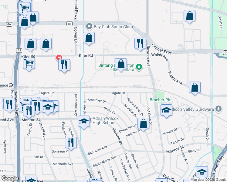 map of restaurants, bars, coffee shops, grocery stores, and more near 2627 Landslide Court in Santa Clara