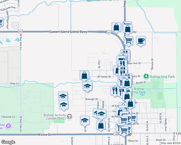 map of restaurants, bars, coffee shops, grocery stores, and more near 501-599 W Yaney St in Bishop