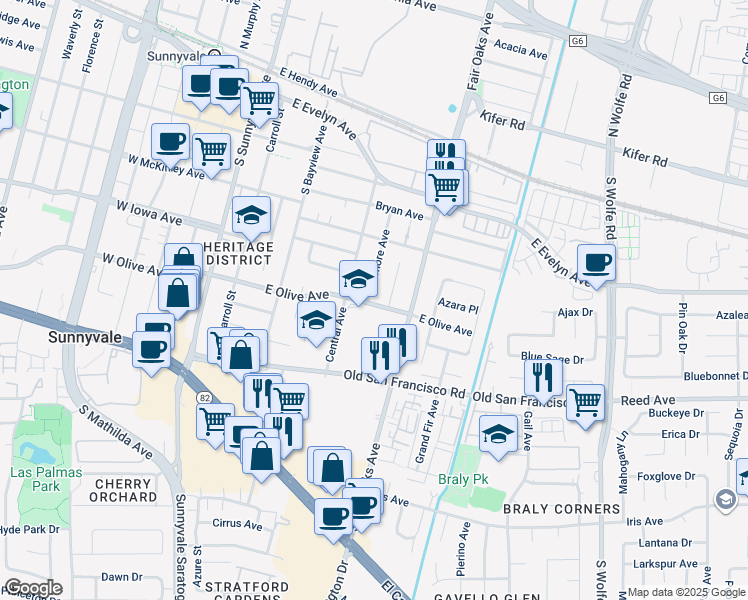map of restaurants, bars, coffee shops, grocery stores, and more near 545 East Olive Avenue in Sunnyvale