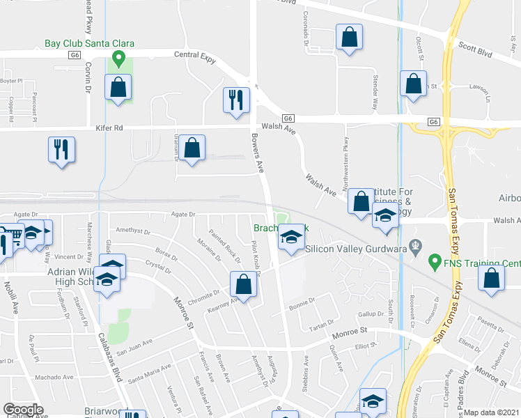 map of restaurants, bars, coffee shops, grocery stores, and more near 2630 Bowers Avenue in Santa Clara