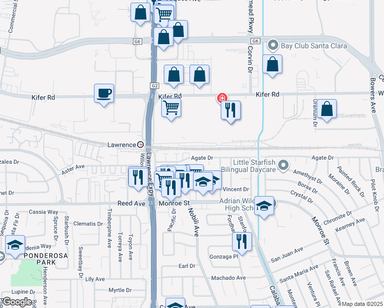 map of restaurants, bars, coffee shops, grocery stores, and more near 3508 Agate Drive in Santa Clara