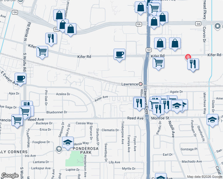 map of restaurants, bars, coffee shops, grocery stores, and more near 1143 Aster Avenue in Sunnyvale