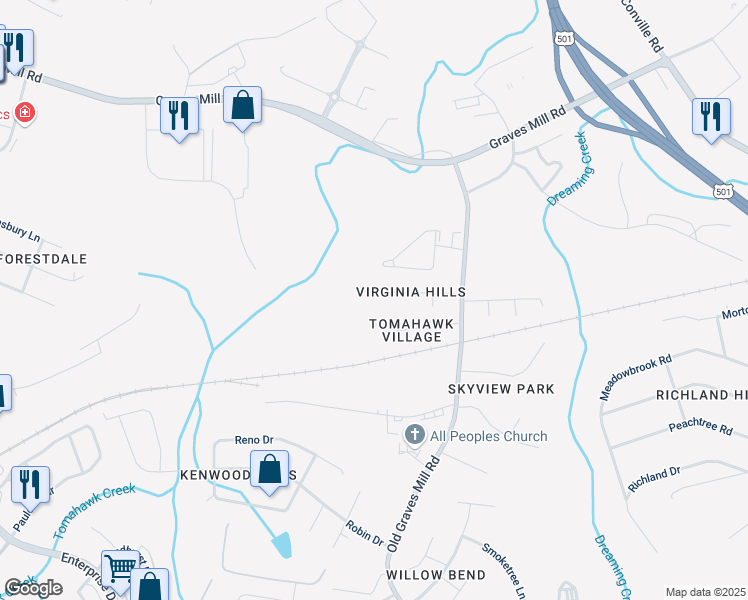 map of restaurants, bars, coffee shops, grocery stores, and more near 123 Valleydale Drive in Lynchburg