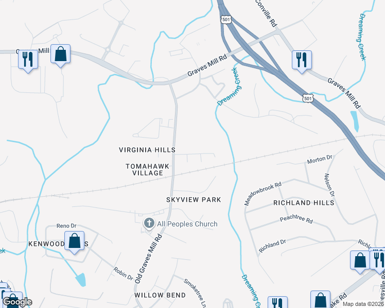 map of restaurants, bars, coffee shops, grocery stores, and more near Cobblestone Drive in Lynchburg
