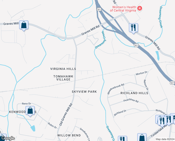 map of restaurants, bars, coffee shops, grocery stores, and more near 135 Cobblestone Drive in Lynchburg