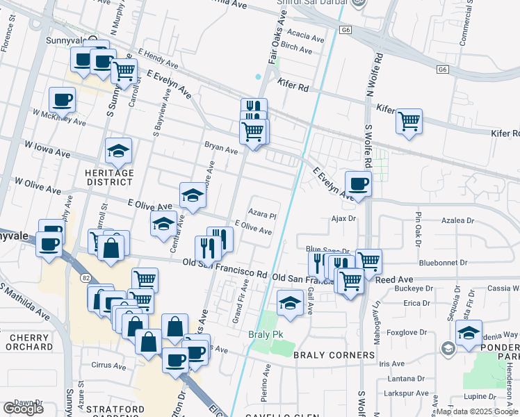 map of restaurants, bars, coffee shops, grocery stores, and more near 653 East Olive Avenue in Sunnyvale