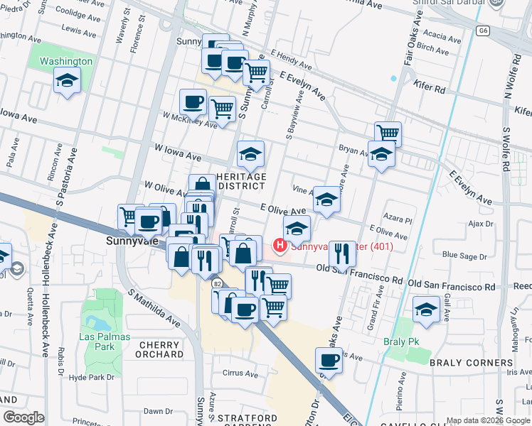 map of restaurants, bars, coffee shops, grocery stores, and more near 398 East Olive Avenue in Sunnyvale