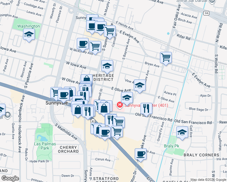 map of restaurants, bars, coffee shops, grocery stores, and more near 398 East Olive Avenue in Sunnyvale
