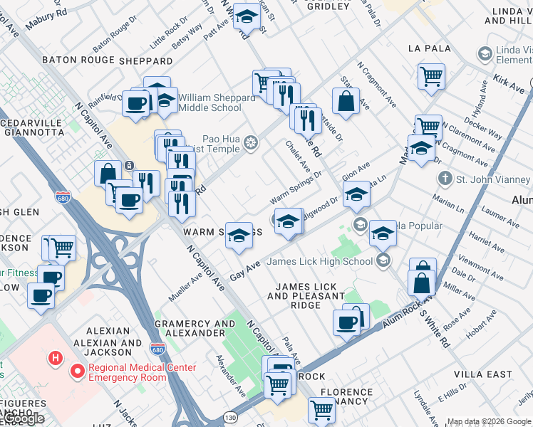 map of restaurants, bars, coffee shops, grocery stores, and more near 2851 Gay Avenue in San Jose