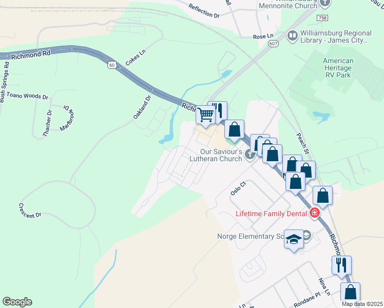 map of restaurants, bars, coffee shops, grocery stores, and more near 4014 Luminary Drive in Williamsburg