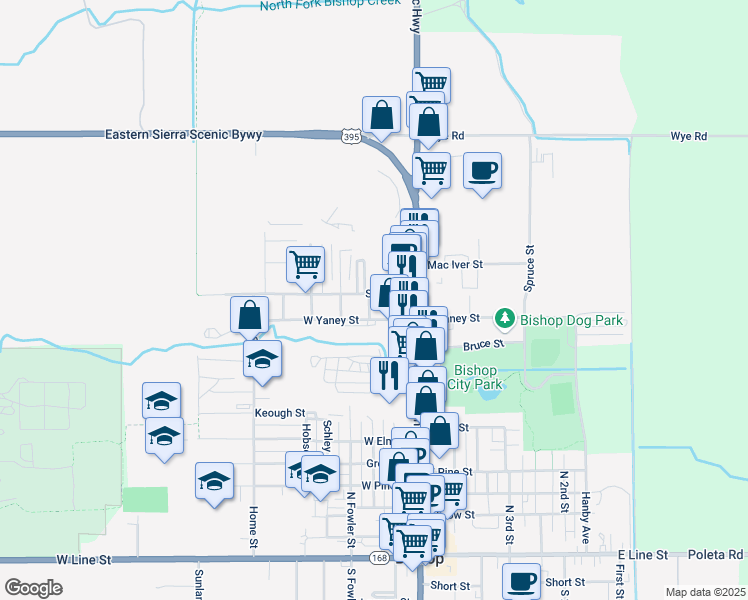 map of restaurants, bars, coffee shops, grocery stores, and more near 789 North Main Street in Bishop