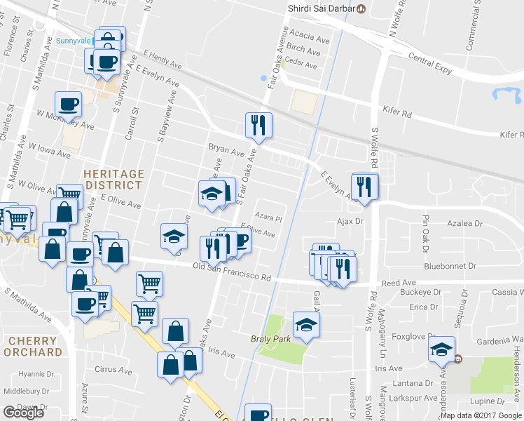 map of restaurants, bars, coffee shops, grocery stores, and more near 653 East Olive Avenue in Sunnyvale