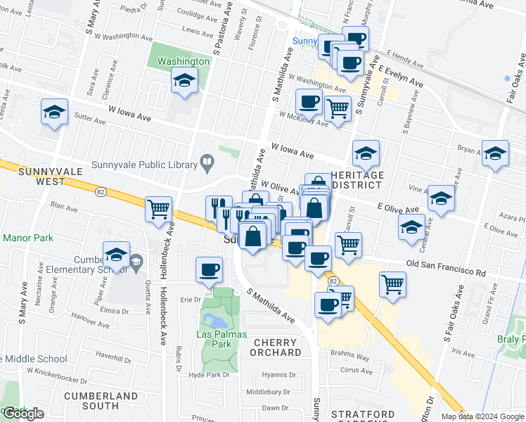 map of restaurants, bars, coffee shops, grocery stores, and more near 303 California 82 in Sunnyvale