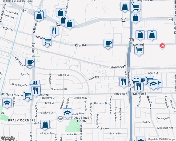 map of restaurants, bars, coffee shops, grocery stores, and more near 1035 Aster Avenue in Sunnyvale