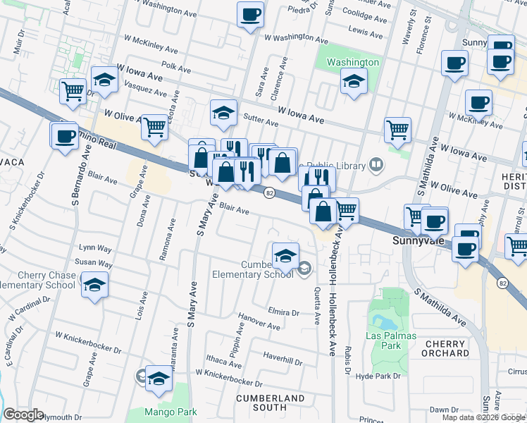 map of restaurants, bars, coffee shops, grocery stores, and more near 716 Peach Avenue in Sunnyvale