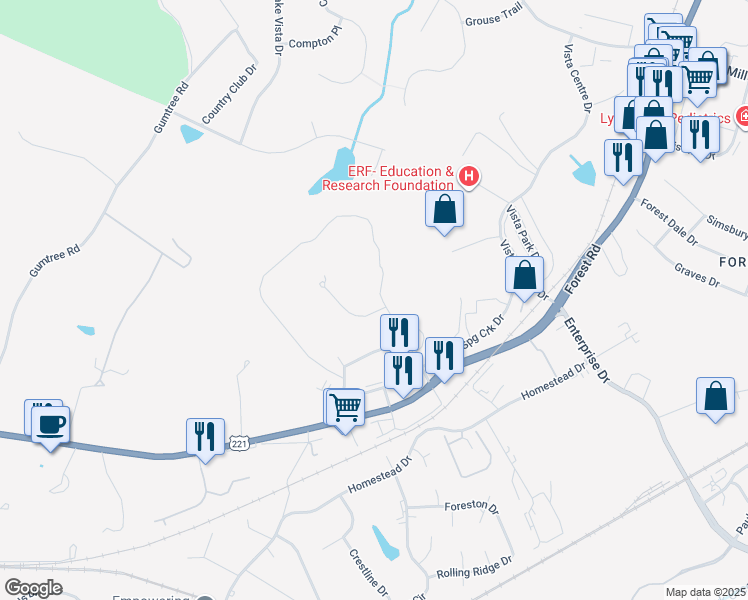map of restaurants, bars, coffee shops, grocery stores, and more near 1031 Presidential Circle in Forest