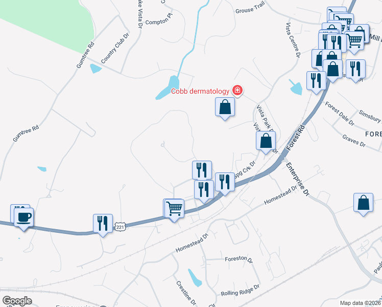 map of restaurants, bars, coffee shops, grocery stores, and more near 1019 Presidential Circle in Forest