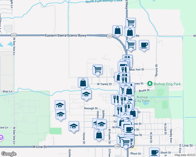 map of restaurants, bars, coffee shops, grocery stores, and more near 895 Coats Street in Bishop