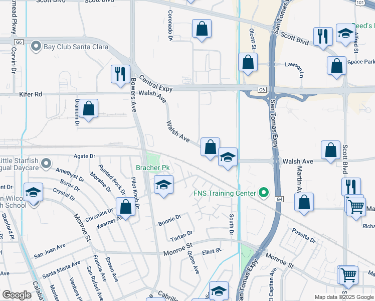 map of restaurants, bars, coffee shops, grocery stores, and more near 2500 Walsh Avenue in Santa Clara