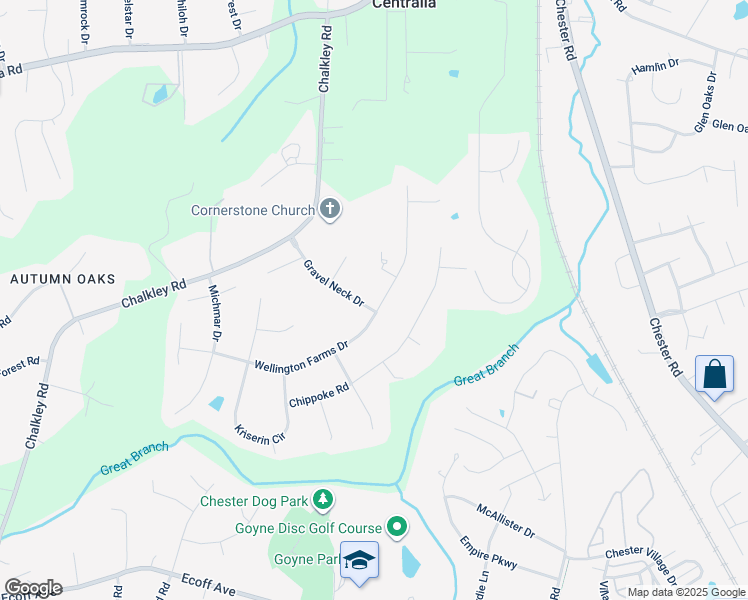 map of restaurants, bars, coffee shops, grocery stores, and more near 4636 Wellington Farms Drive in Chester