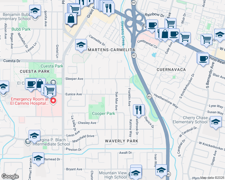 map of restaurants, bars, coffee shops, grocery stores, and more near 735 Sleeper Avenue in Mountain View